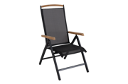 Sort positionsstol i aluminium med teak armlæn og bøjle, fem positioner