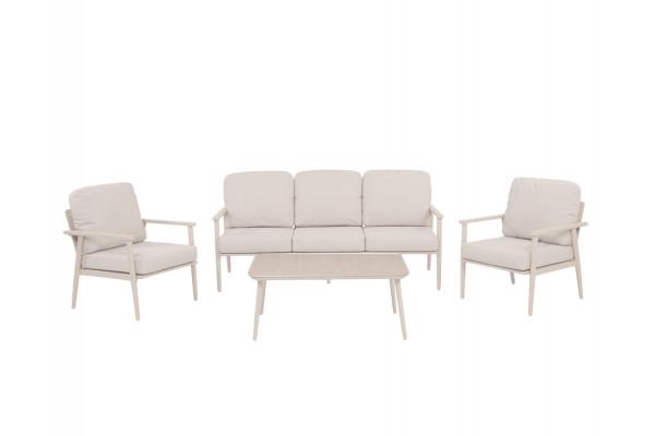 Aalborg sofasæt i latte-farvet aluminium med sofa, to loungestole og bord