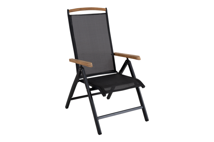 Sort positionsstol i aluminium med teak armlæn og bøjle, fem positioner
