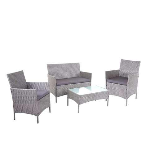 Gråt polyrattan loungesæt med antracit hynder, sofa, to stole og bord