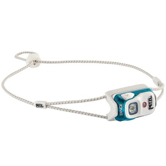 Blå Petzl Bindi pandelampe med tynd elastisk hovedstrop