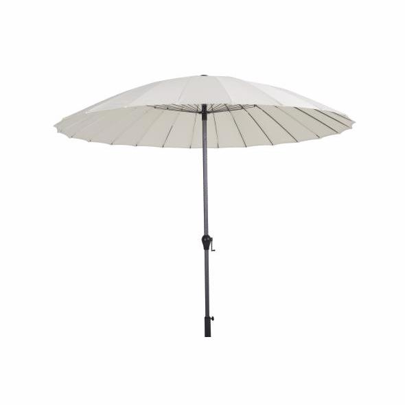 Beige centerparasol med håndsving og tiltfunktion på 2,7 meter i diameter