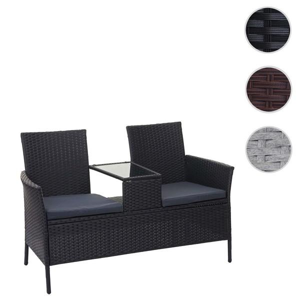 Sort polyrattan havebænk med indbygget sidebord til altan og terrasse