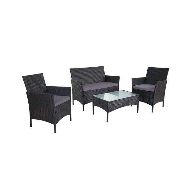 Sort polyrattan loungesæt med antracit hynder, to stole, sofa og bord