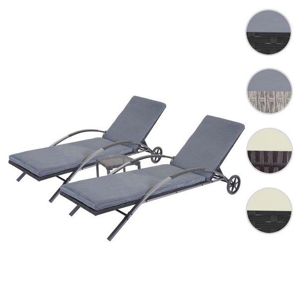 Sort polyrattan solvogn-sæt med to liggestole på hjul og havebord med glasplade