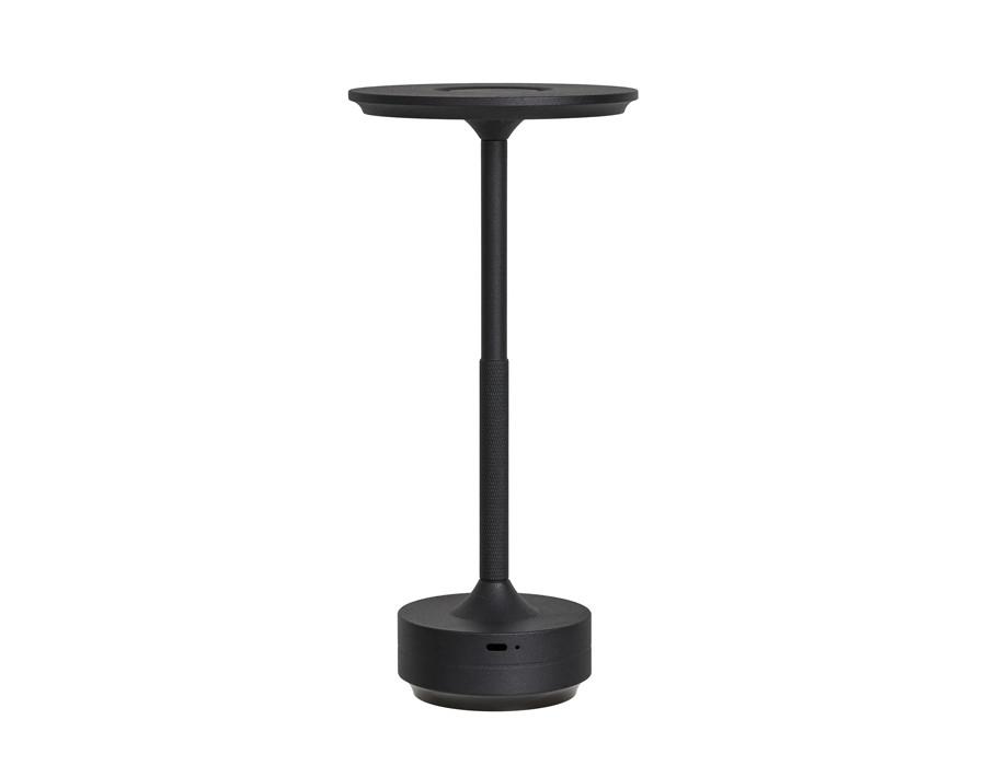 Sort udendørs bordlampe med rund fod og opaliseret skærm